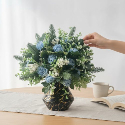 Artificial Blue Hydrangea & Greenery Arrangement in Decorative Vase