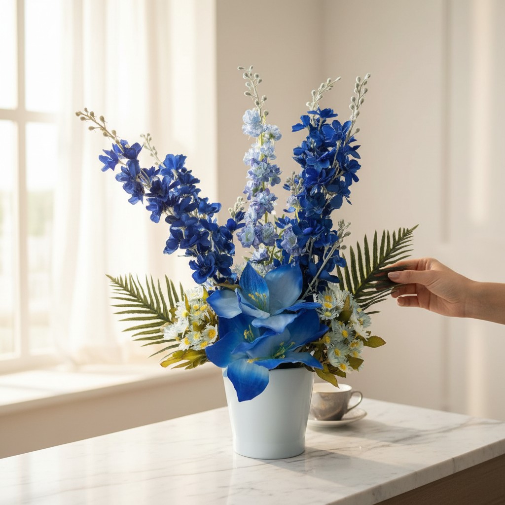 Artificial Blue Lily & Delphinium Floral Arrangement - Image 2