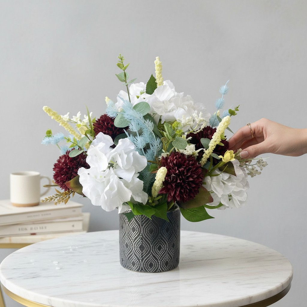 Artificial White Hydrangea & Burgundy Floral Arrangement in Decorative Pot