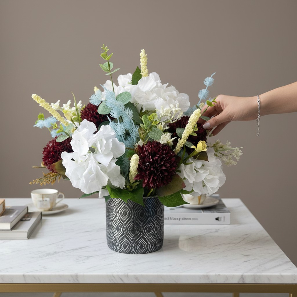 Artificial White Hydrangea & Burgundy Floral Arrangement in Decorative Pot - Image 3