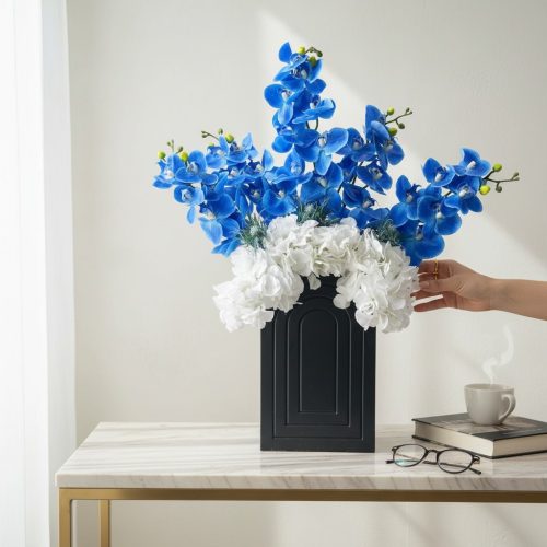 Artificial Blue Orchid & White Hydrangea Arrangement in Black Vase
