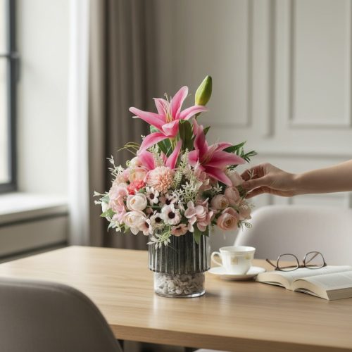 Artificial Pink Lily & Soft Blush Floral Arrangement in Glass Vase