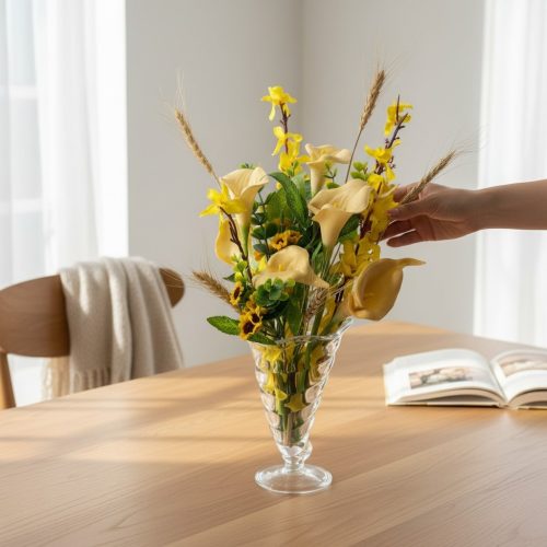 Artificial Yellow Calla Lily & Wheat Floral Arrangement in Glass Vase
