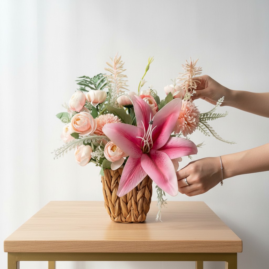 Artificial Pink Lily & Blush Rose Arrangement in Woven Pot