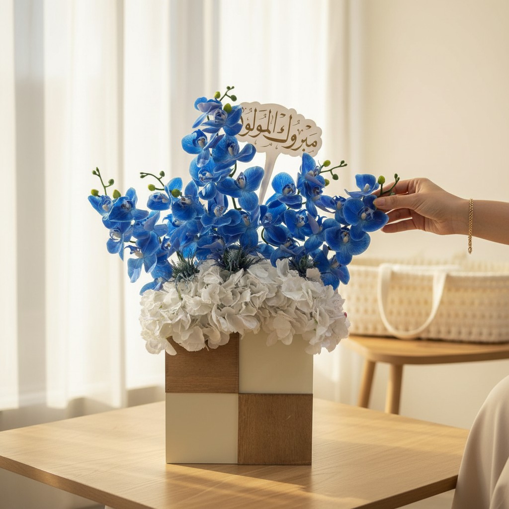 Artificial Blue Orchid & White Hydrangea New Baby Arrangement - Image 2