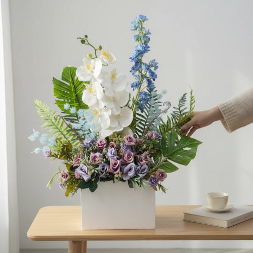 Artificial White Orchid & Lavender Rose Arrangement with Greenery