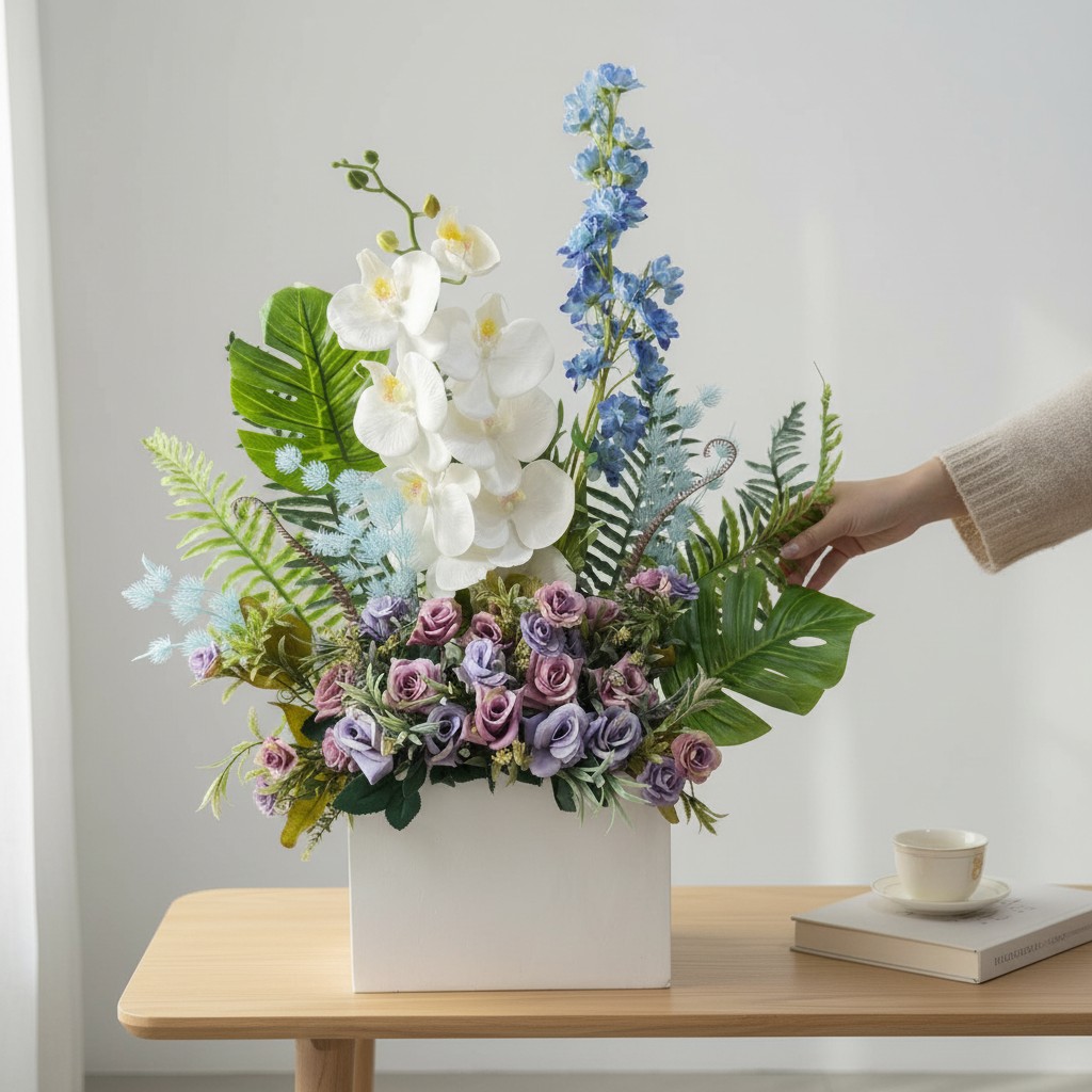Artificial White Orchid & Lavender Rose Arrangement with Greenery