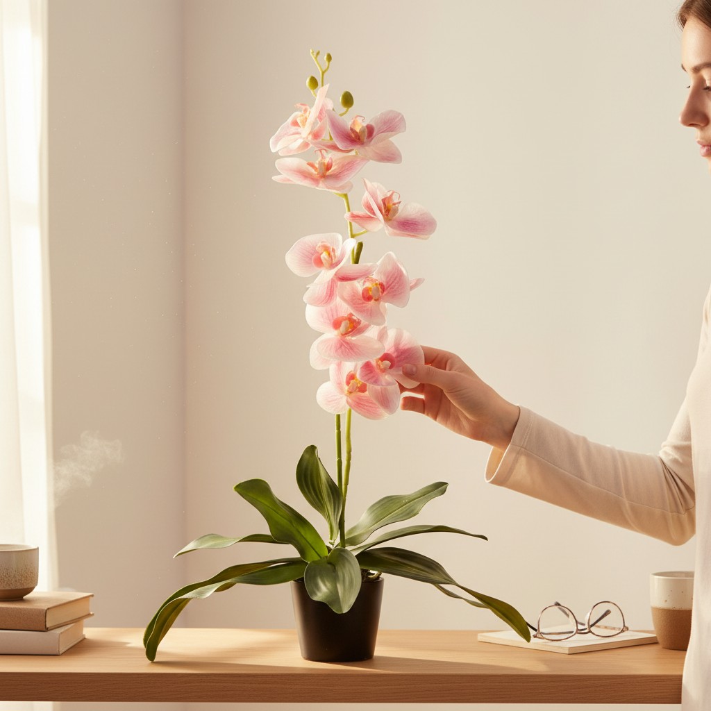 Artificial Elegant Pink Orchid Plant in Black Pot – Decorative Flower Arrangement - Image 3